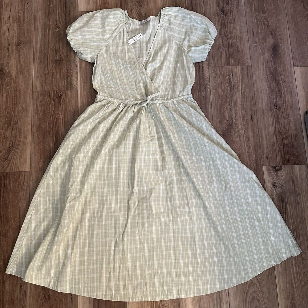 Madewell Plaid Tie‑Waist Midi Dress XXS NWT | Sea Grass Green Cotton Midi $128